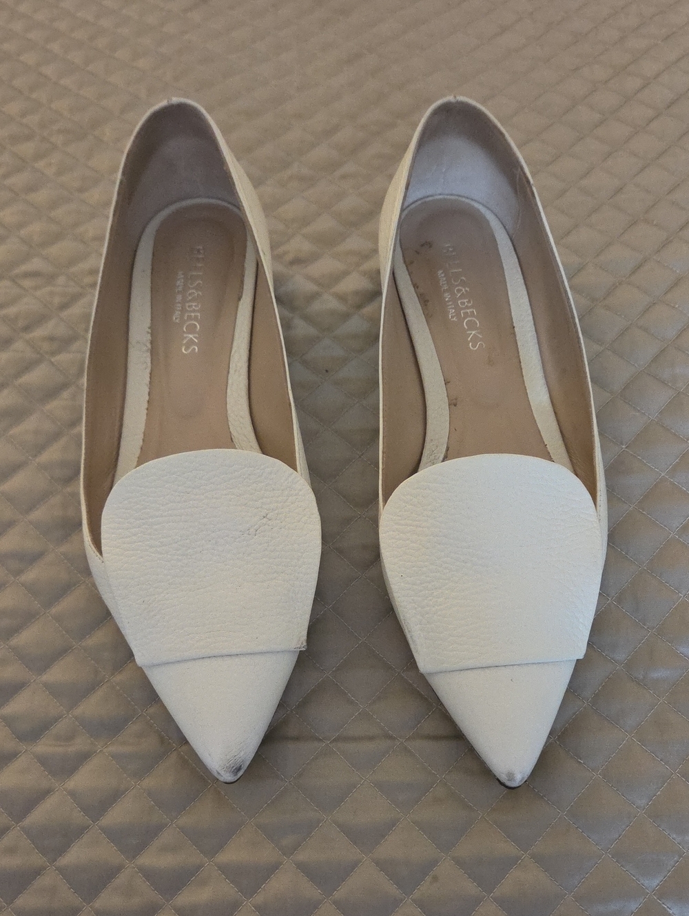 White Pointed-Toe Leather Flats by Bells & Becks